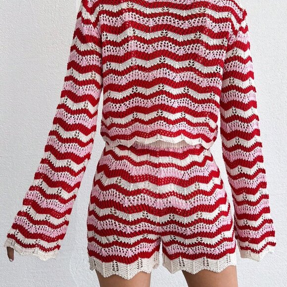 Multicolor Striped Women's Knit Top & Shorts Cover Up Set - Picture 3 of 5